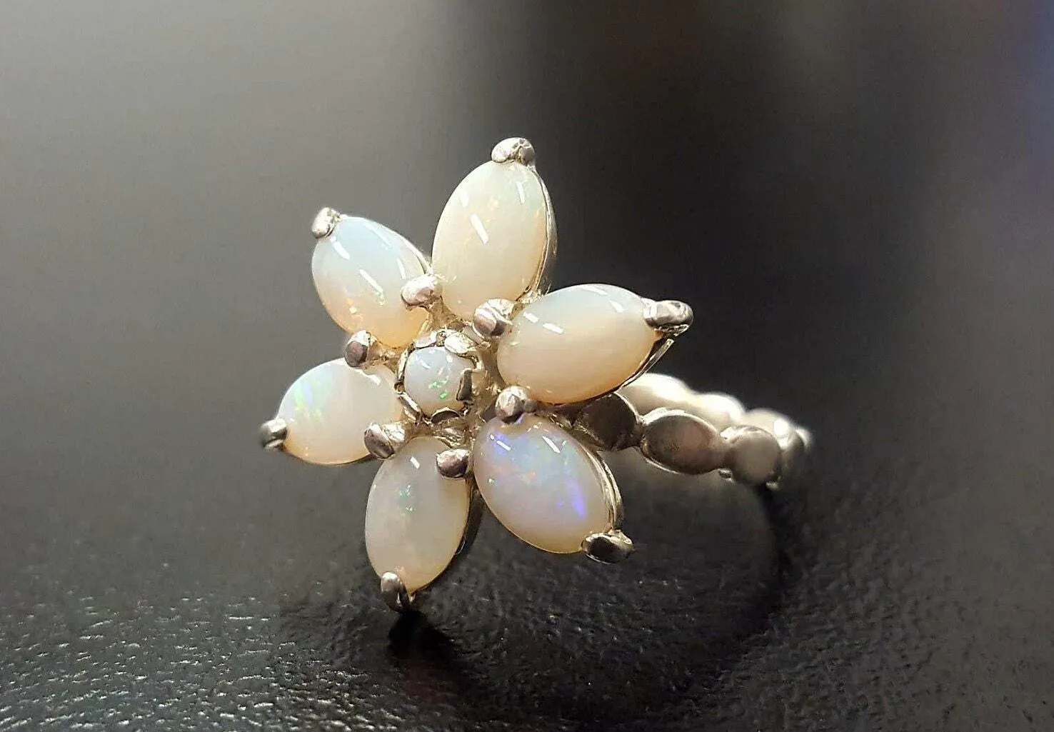 Opal Flower Ring - White Daisy Ring - October Birthstone Ring