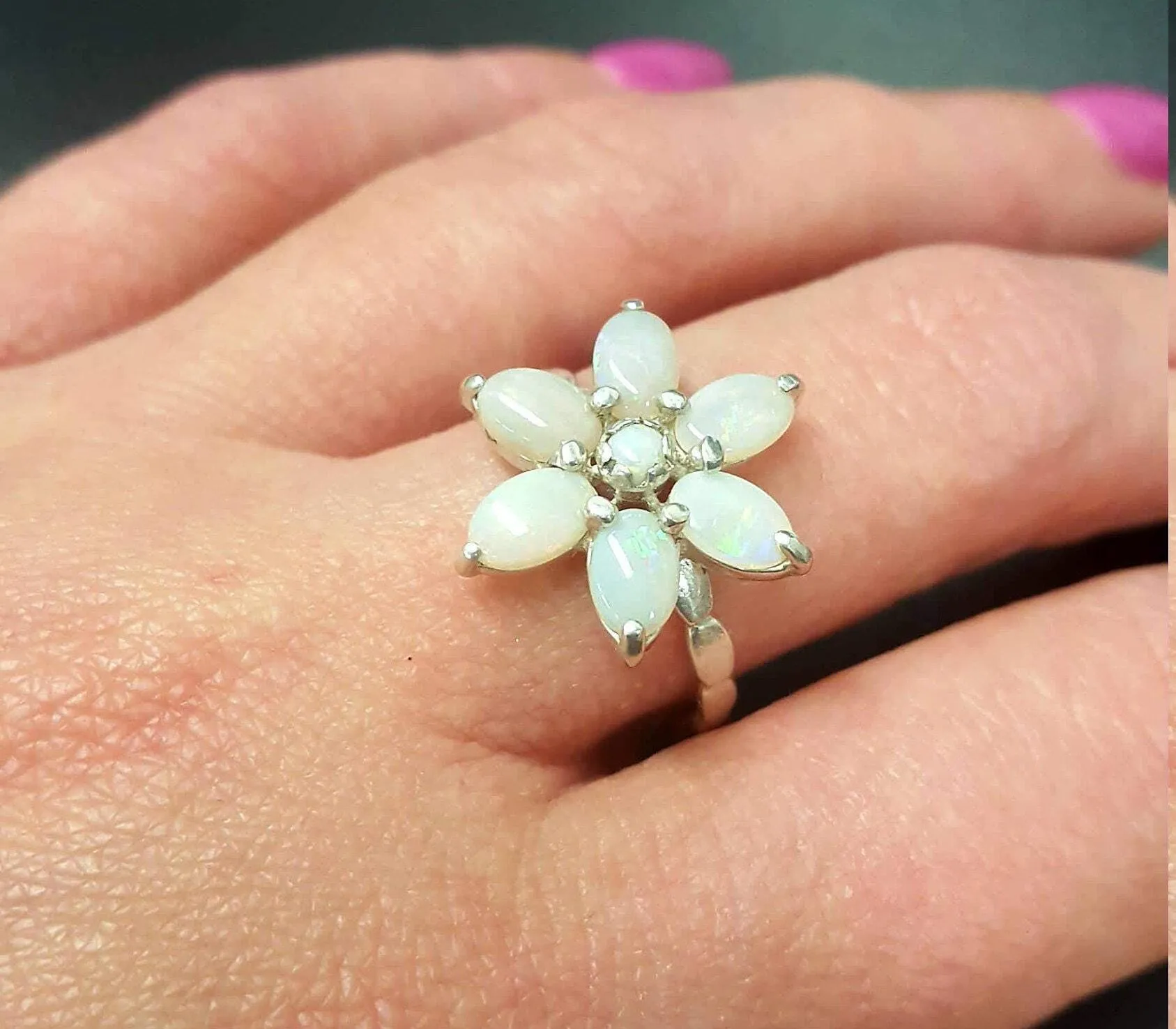 Opal Flower Ring - White Daisy Ring - October Birthstone Ring