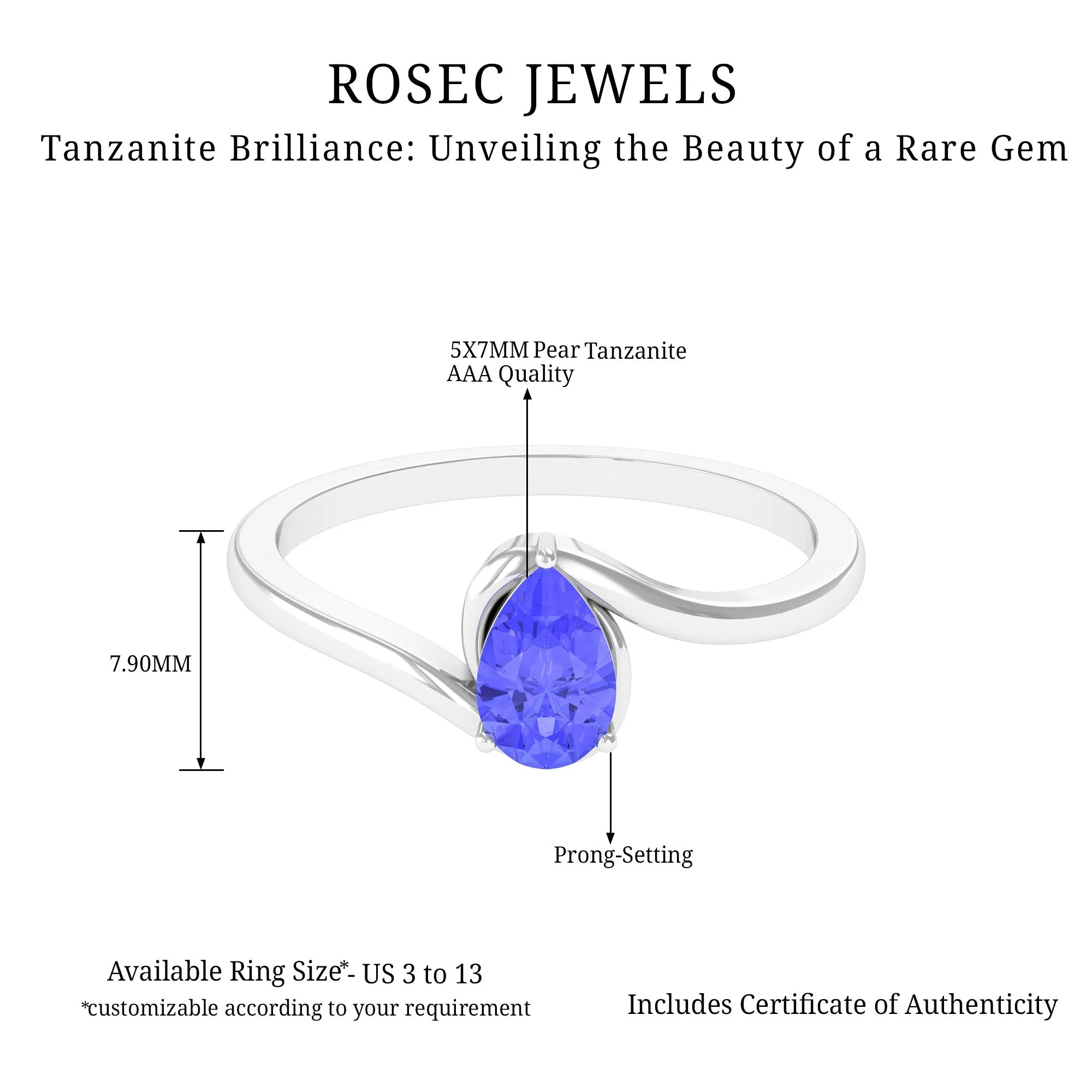 Pear Shape Solitaire Tanzanite Bypass Engagement Ring in Gold
