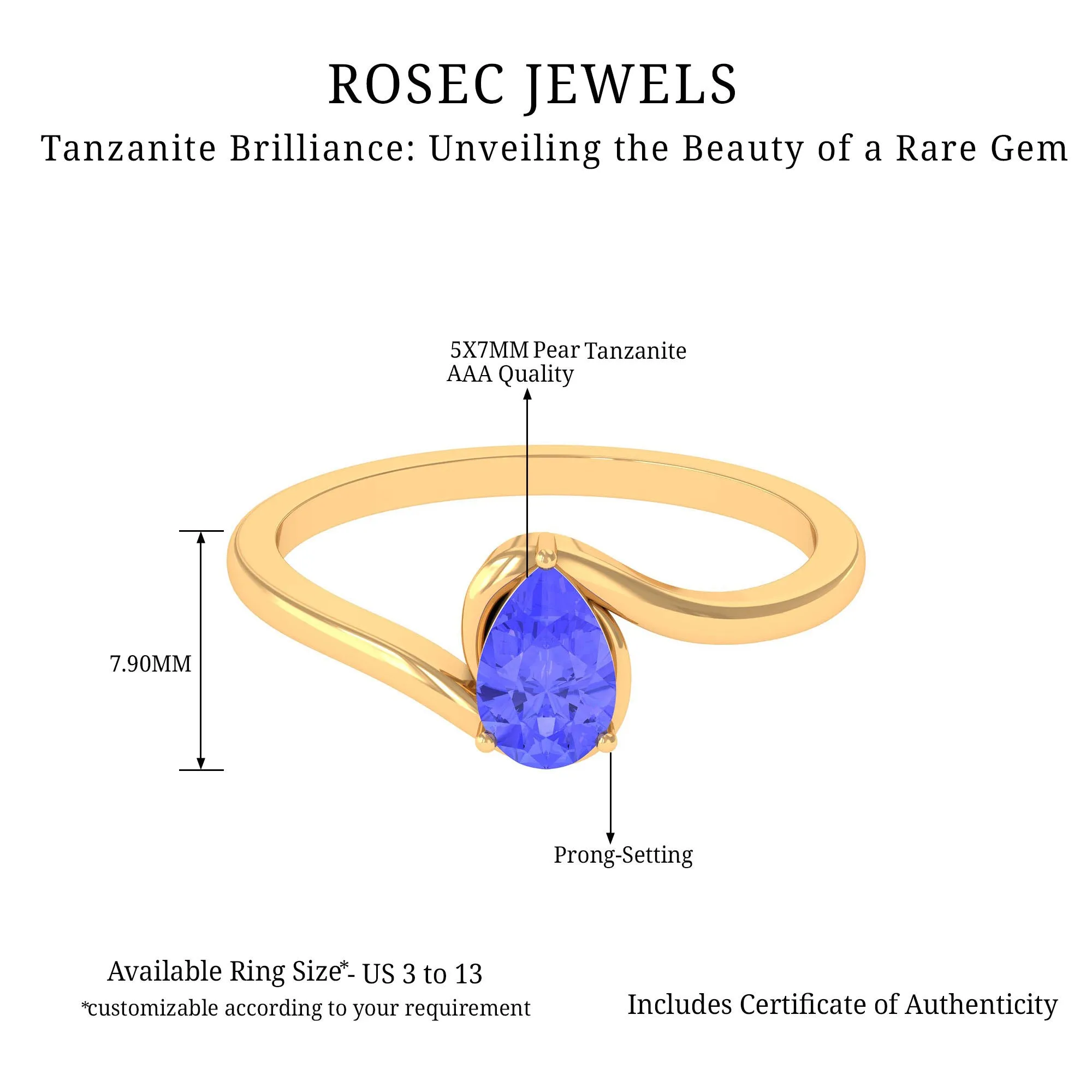 Pear Shape Solitaire Tanzanite Bypass Engagement Ring in Gold