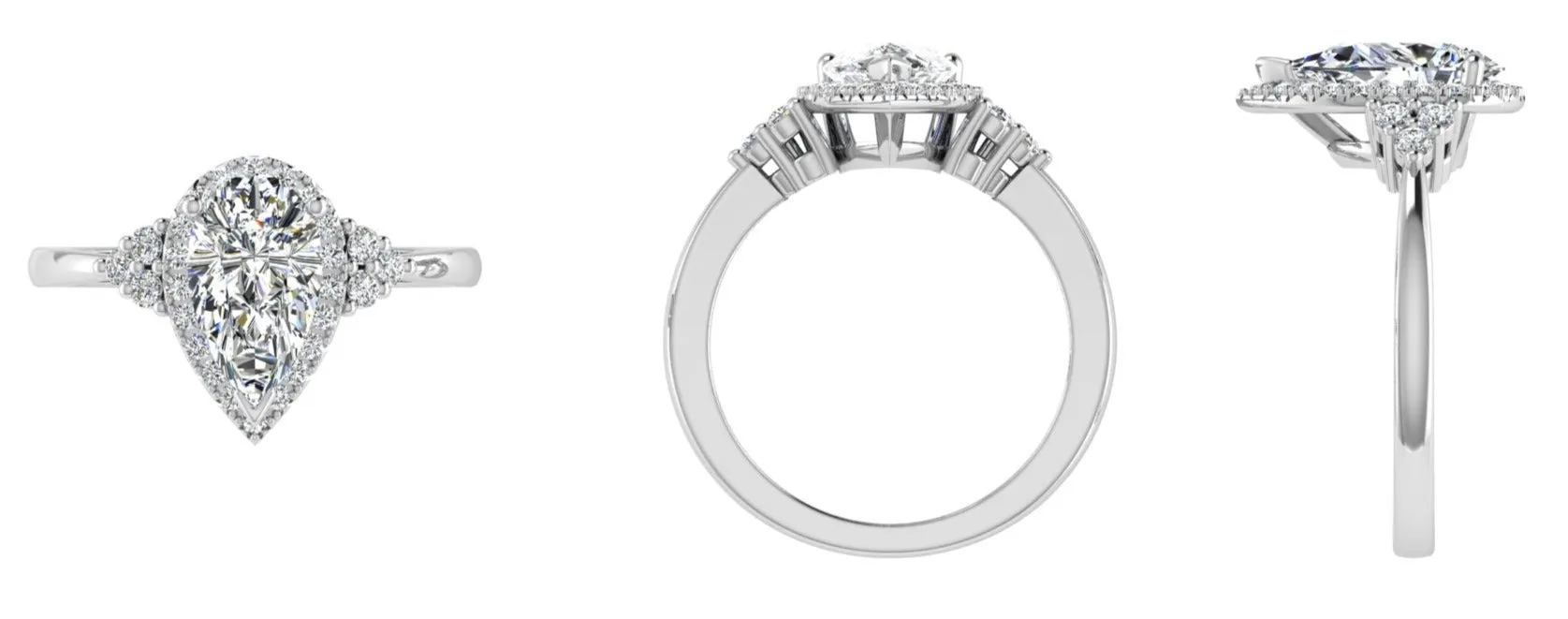Pear Shaped Diamond Ring With Halo and Side Accents