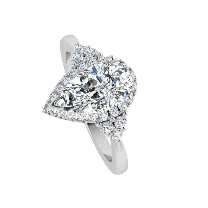 Pear Shaped Diamond Ring With Halo and Side Accents
