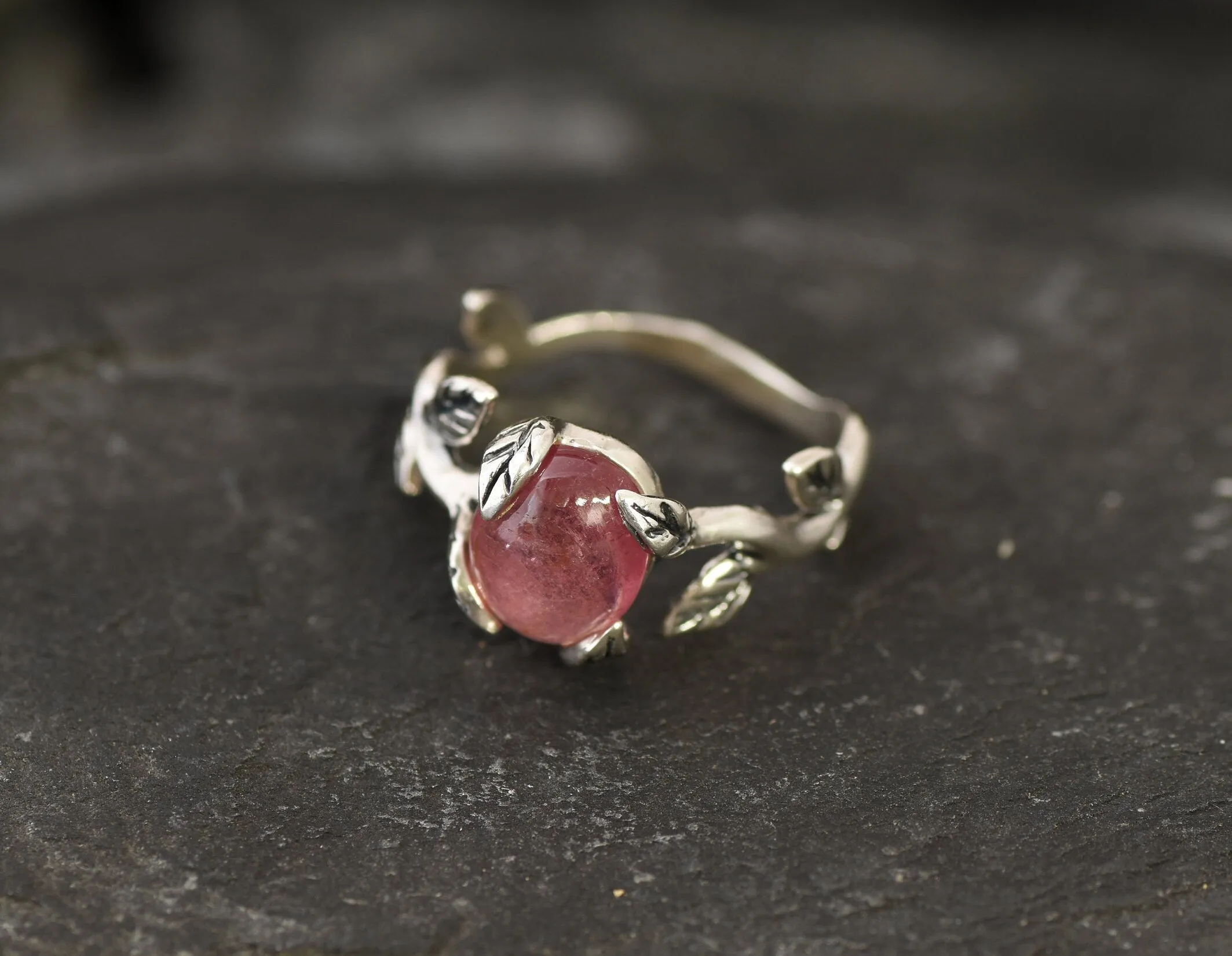 Pink Tourmaline Ring - Silver Leaf Ring - Olive Branch Ring