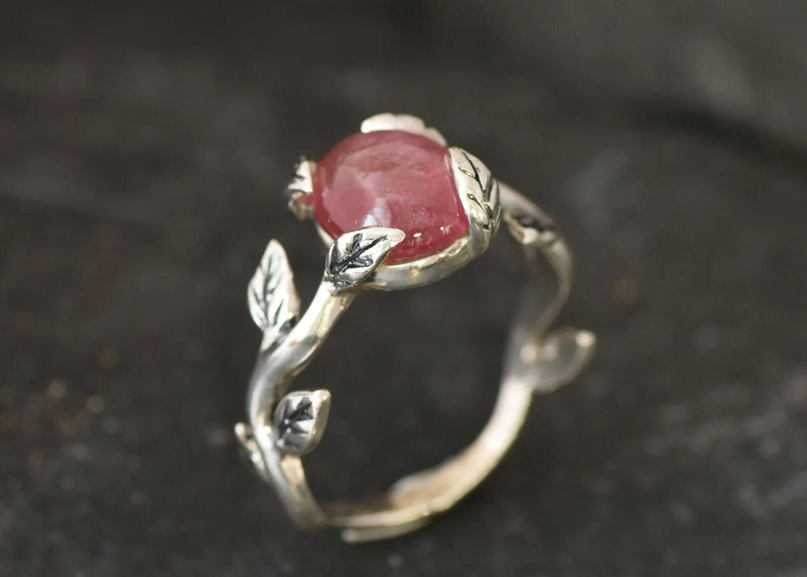 Pink Tourmaline Ring - Silver Leaf Ring - Olive Branch Ring