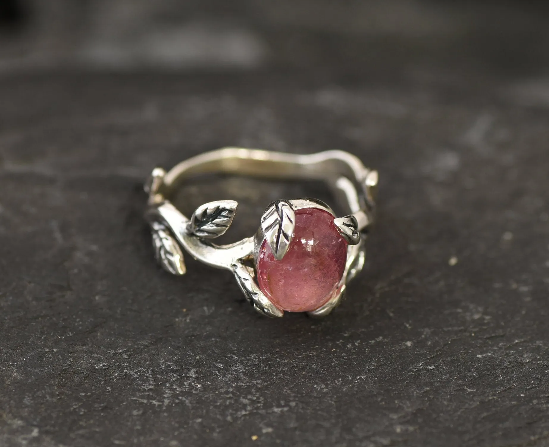 Pink Tourmaline Ring - Silver Leaf Ring - Olive Branch Ring
