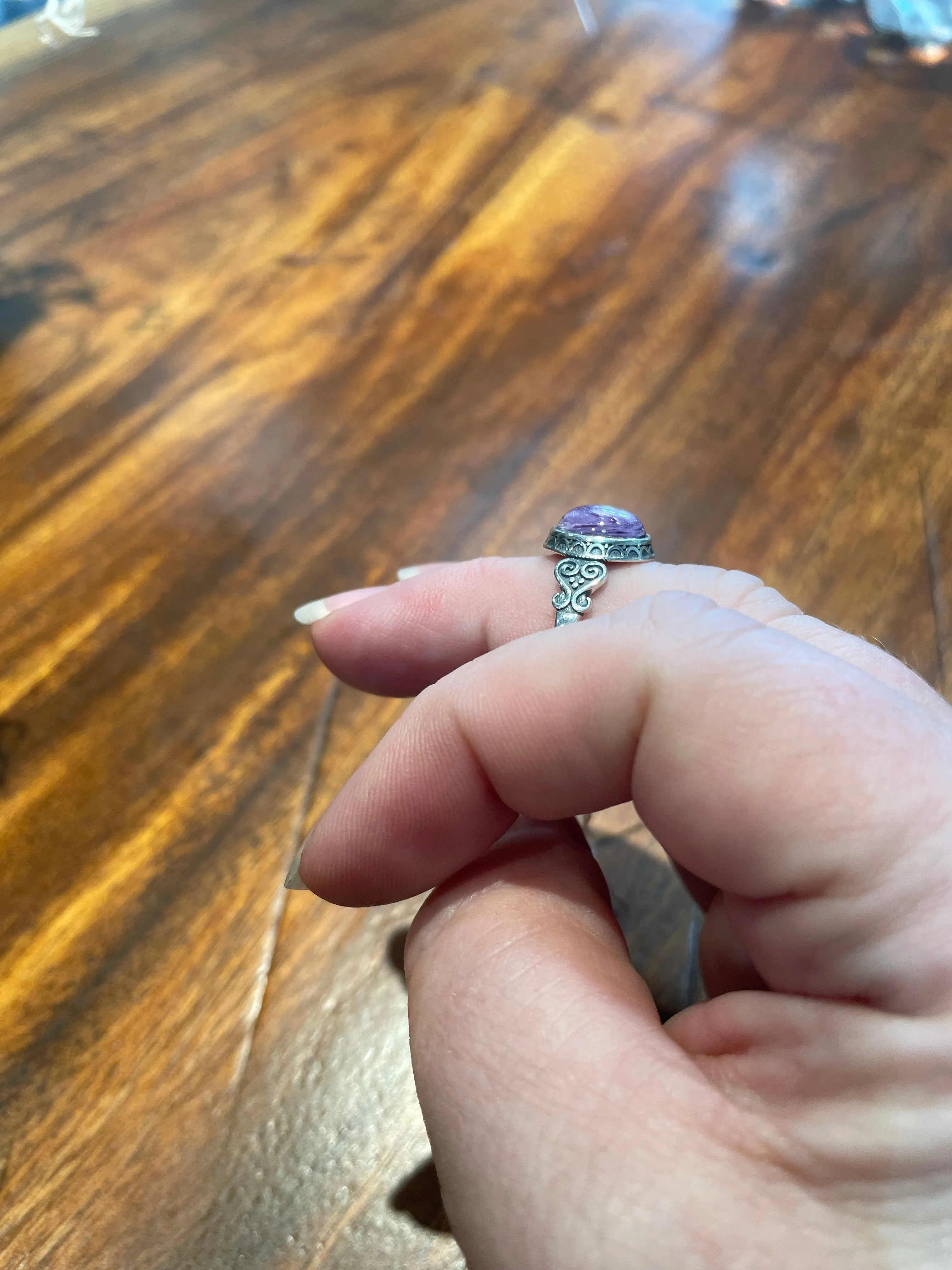 Purple Agate Scroll Ring in Silver