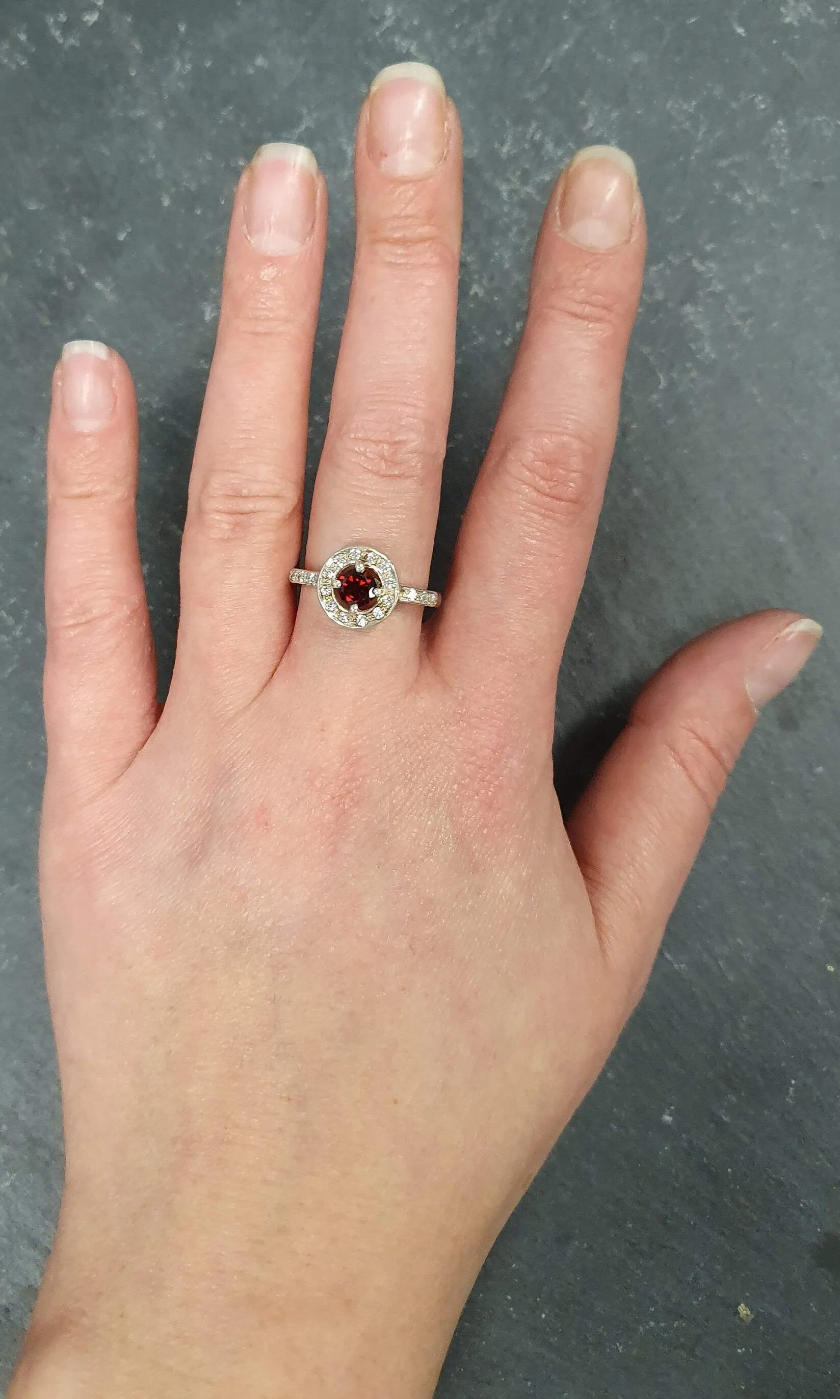Real Garnet Ring - Red Vintage Ring - Round Garnet Halo Ring