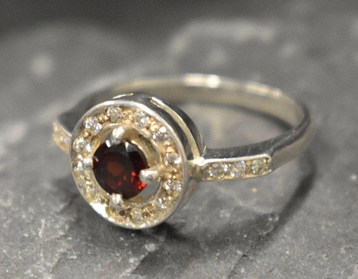Real Garnet Ring - Red Vintage Ring - Round Garnet Halo Ring
