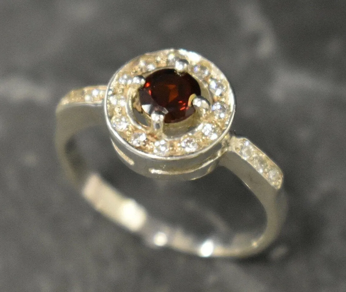 Real Garnet Ring - Red Vintage Ring - Round Garnet Halo Ring
