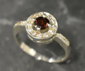 Real Garnet Ring - Red Vintage Ring - Round Garnet Halo Ring
