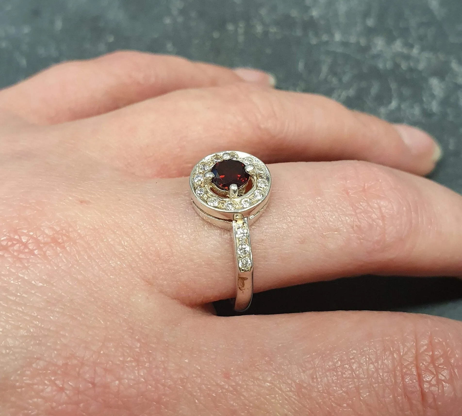 Real Garnet Ring - Red Vintage Ring - Round Garnet Halo Ring