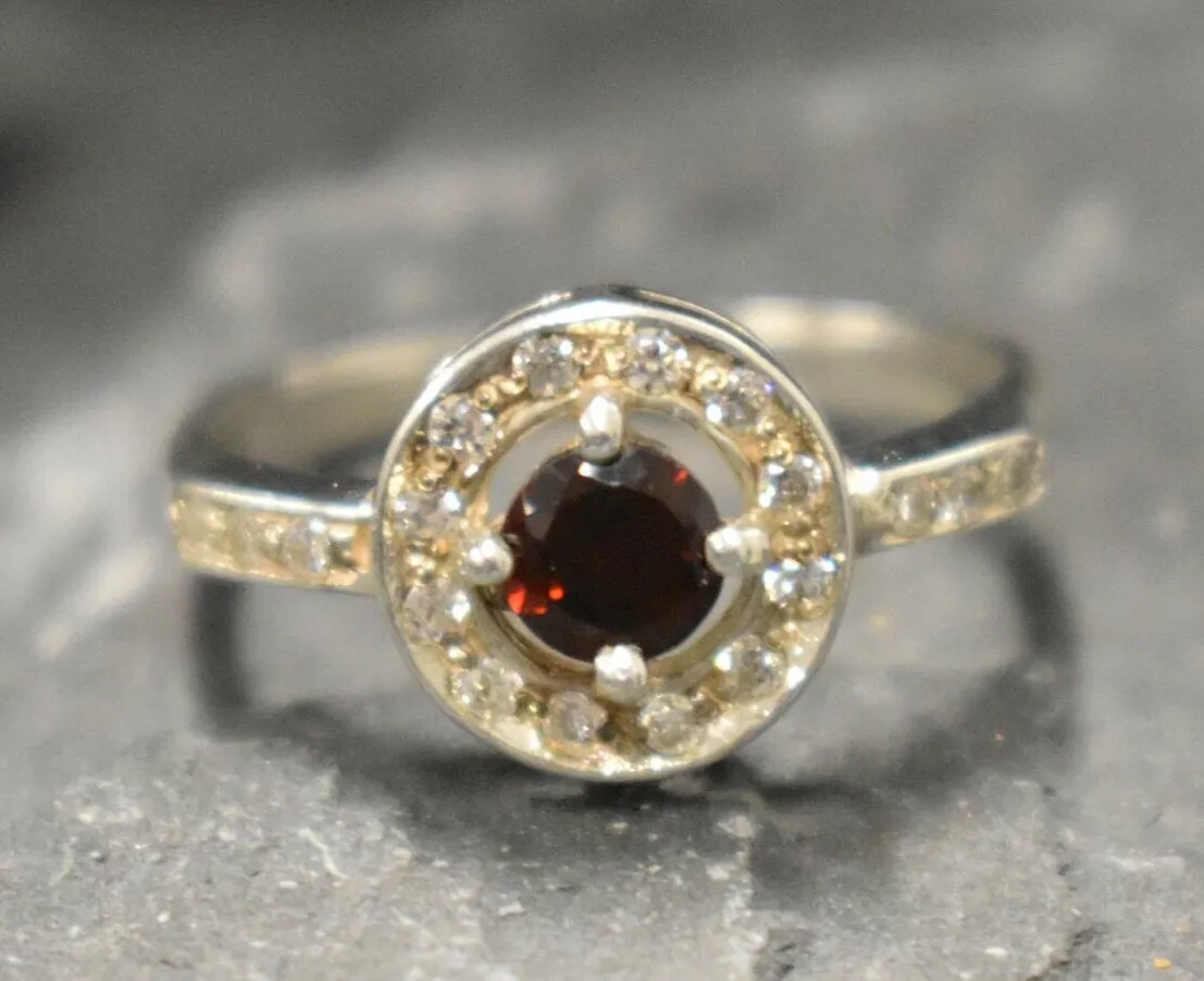 Real Garnet Ring - Red Vintage Ring - Round Garnet Halo Ring
