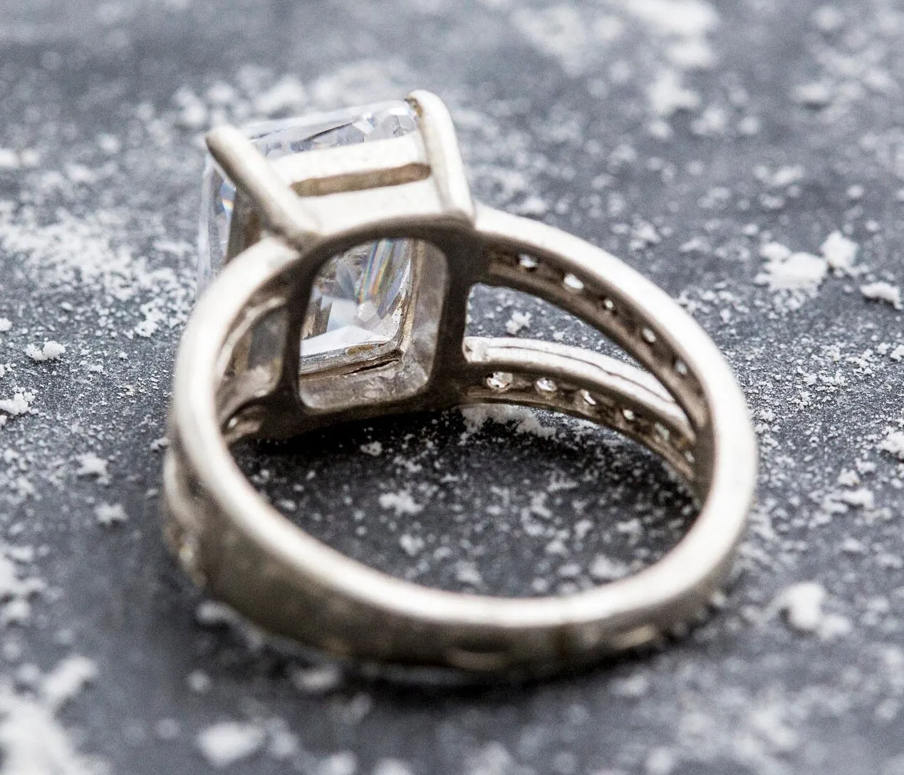 Rectangle Diamond Ring - Princess Cut Ring - Split Pave Band