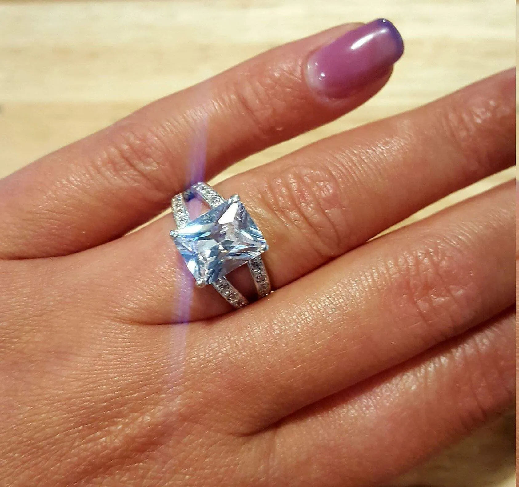 Rectangle Diamond Ring - Princess Cut Ring - Split Pave Band