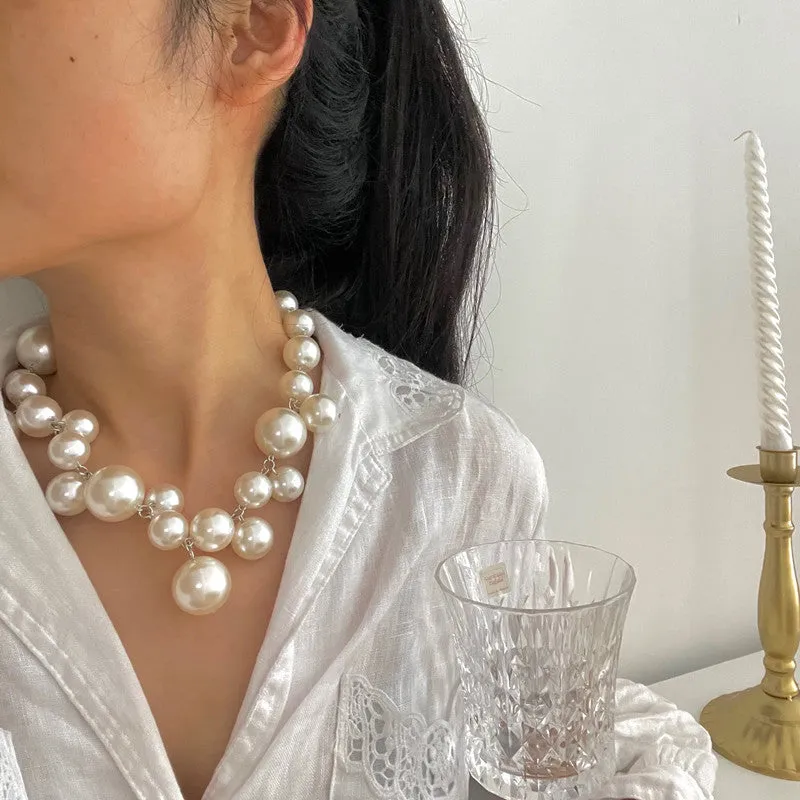 Retro French Baroque Overlaid Pearl Collar Chain Necklace