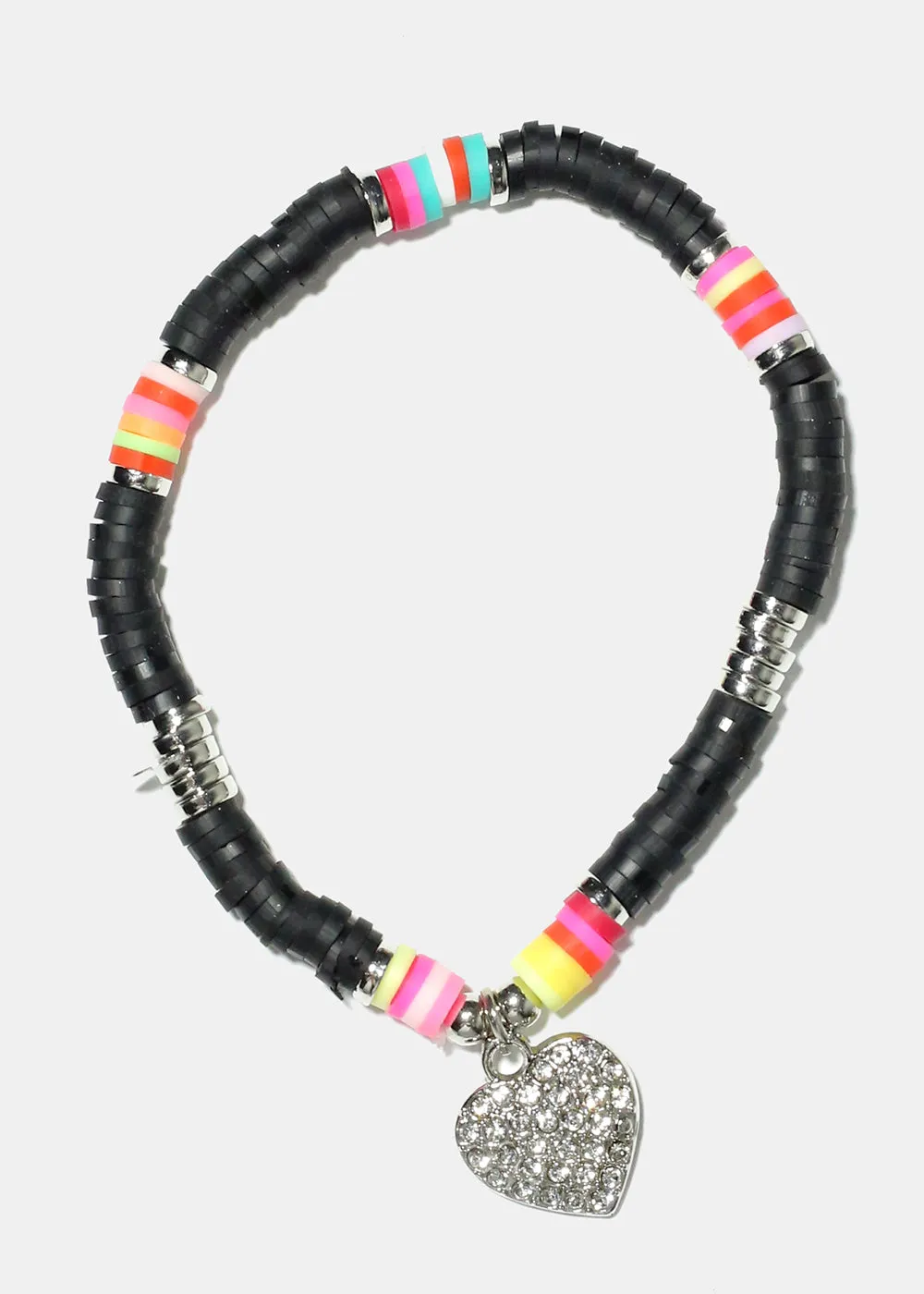 Rhinestone Heart Charm Beaded Bracelet