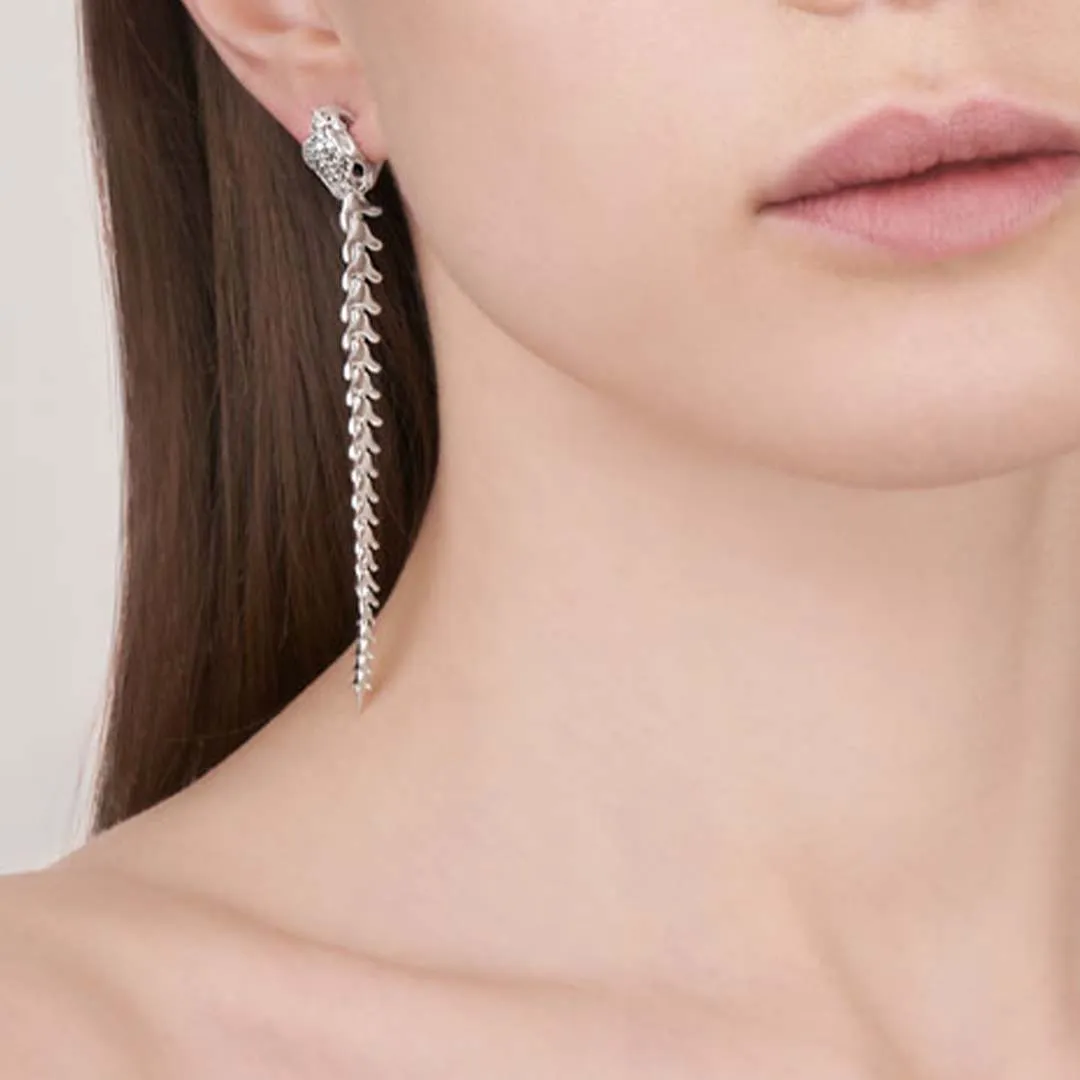 Serpent's Trace Long Drop Earrings - Silver & Diamond Pavé