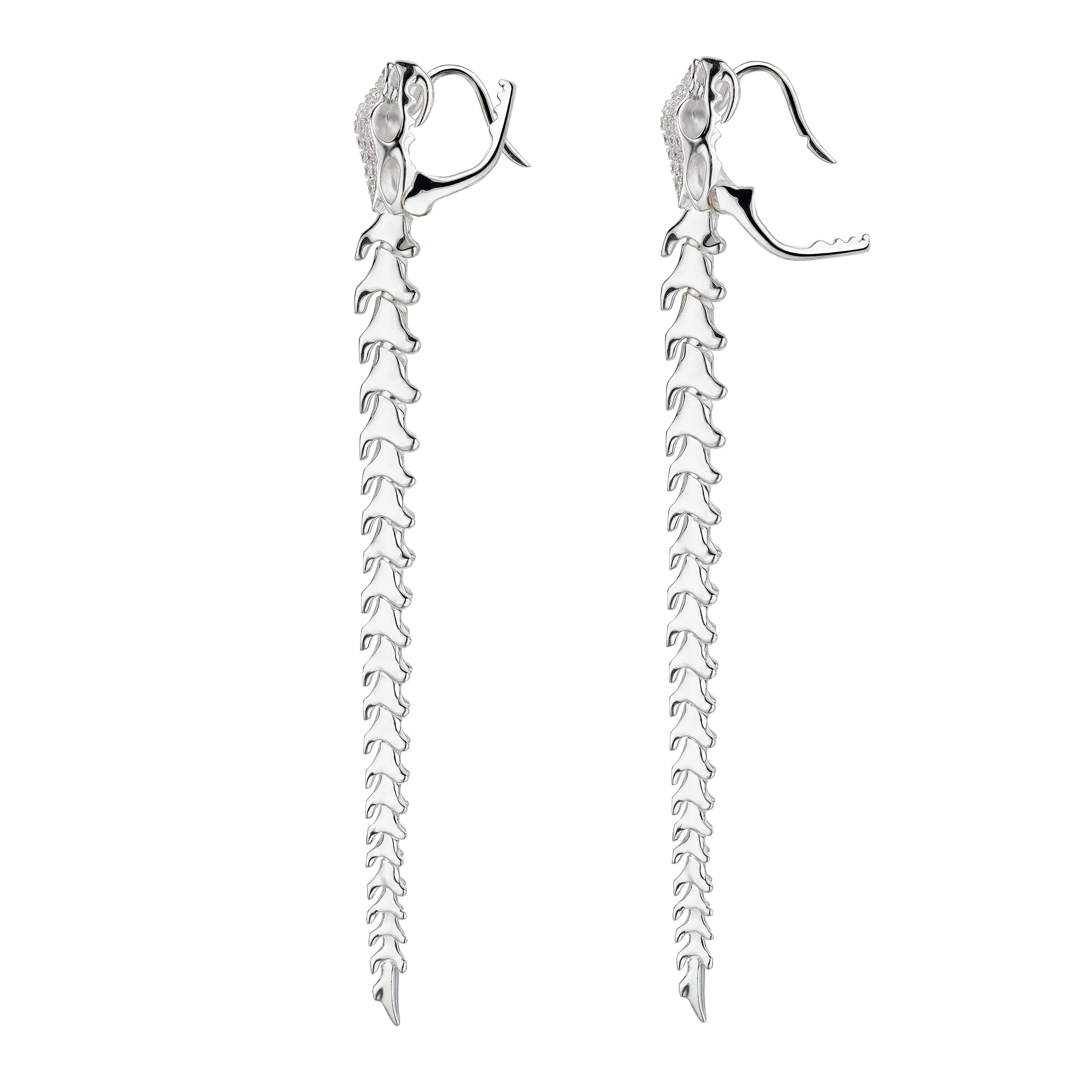 Serpent's Trace Long Drop Earrings - Silver & Diamond Pavé