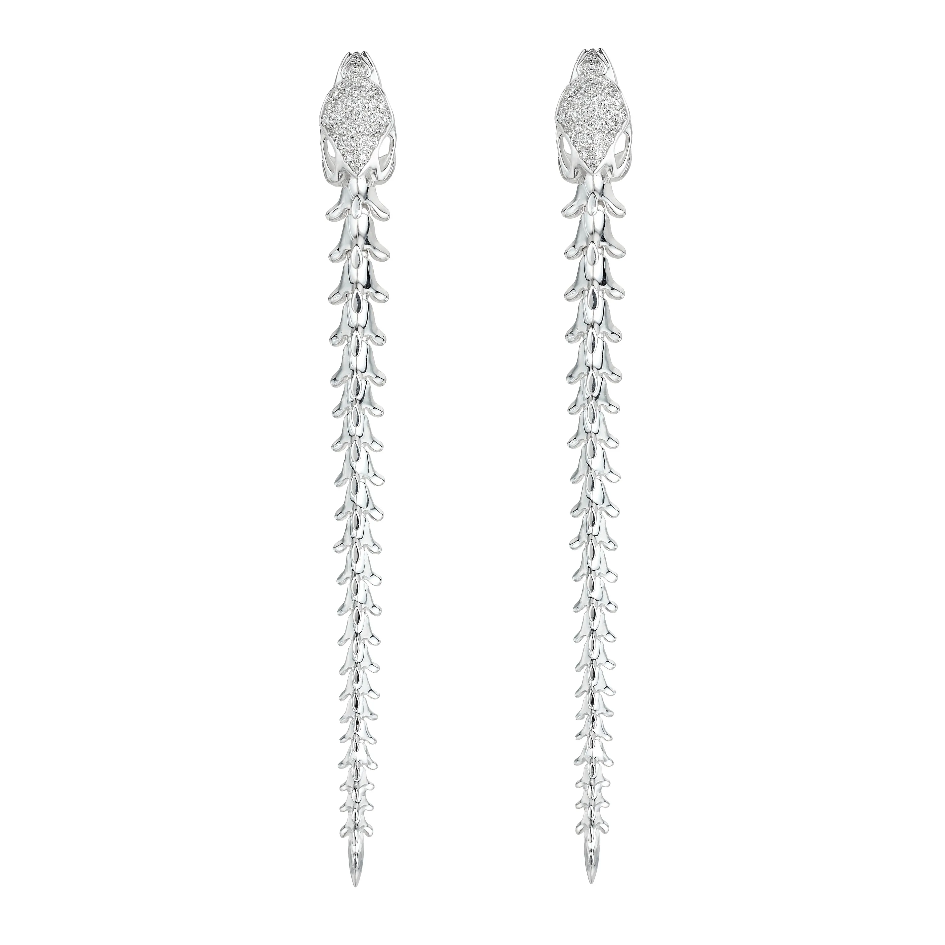 Serpent's Trace Long Drop Earrings - Silver & Diamond Pavé