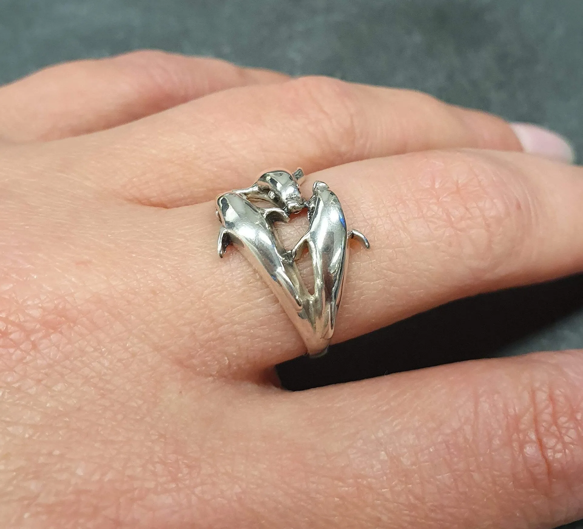 Silver Dolphin Ring - Triple Dolphin Ring - Silver Fish Ring