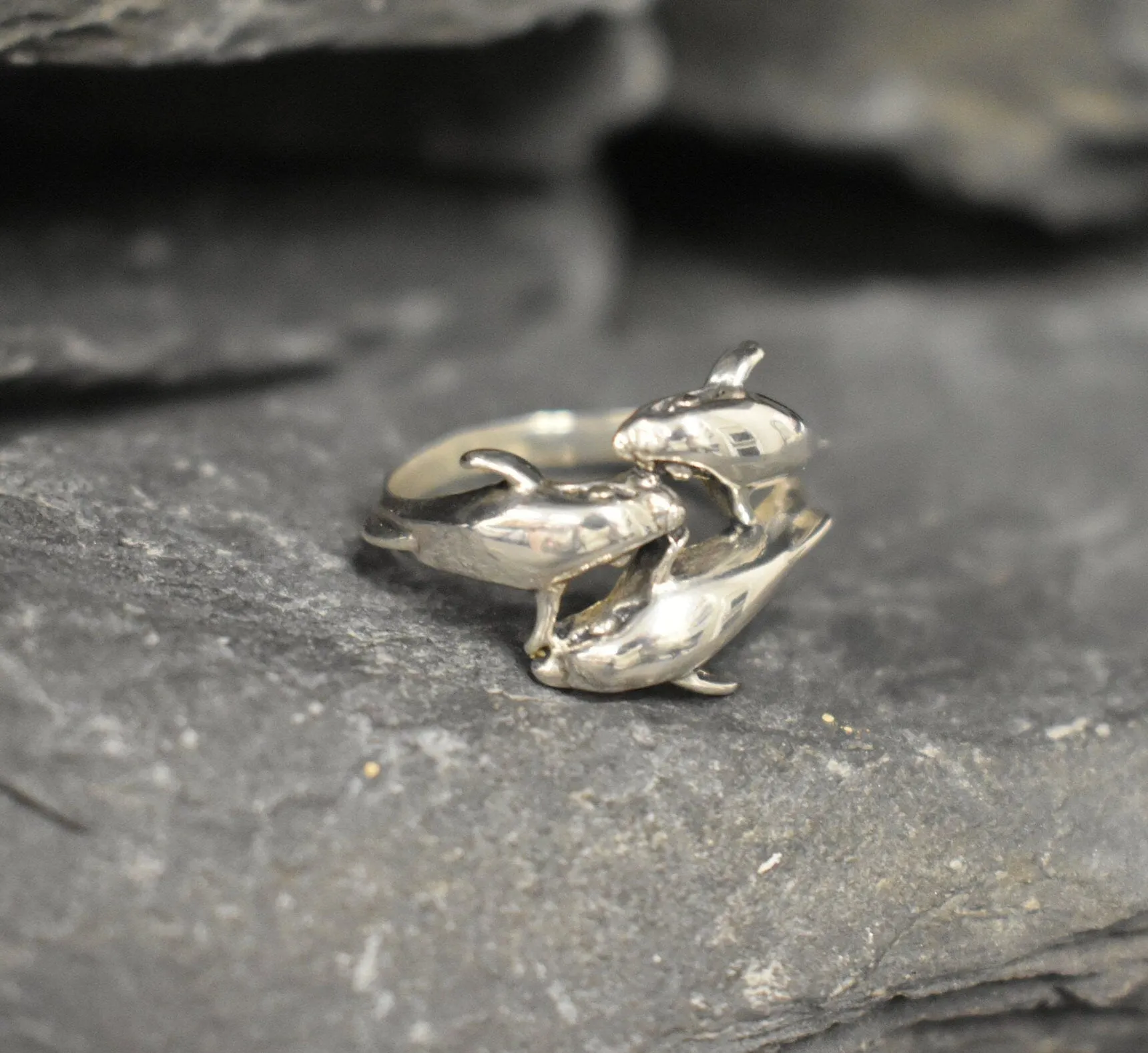 Silver Dolphin Ring - Triple Dolphin Ring - Silver Fish Ring
