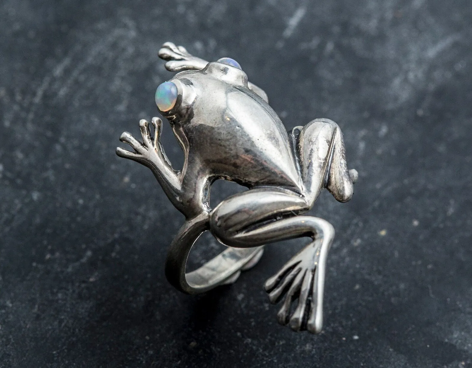 Silver Frog Ring - Opal Frog Ring - Statement Frog Ring