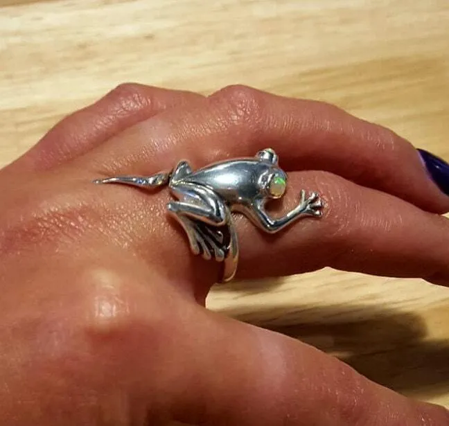 Silver Frog Ring - Opal Frog Ring - Statement Frog Ring