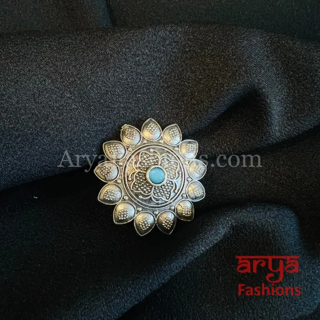 Silver Oxidized Silver Statement Ring/ Ethnic Adjustable Ring