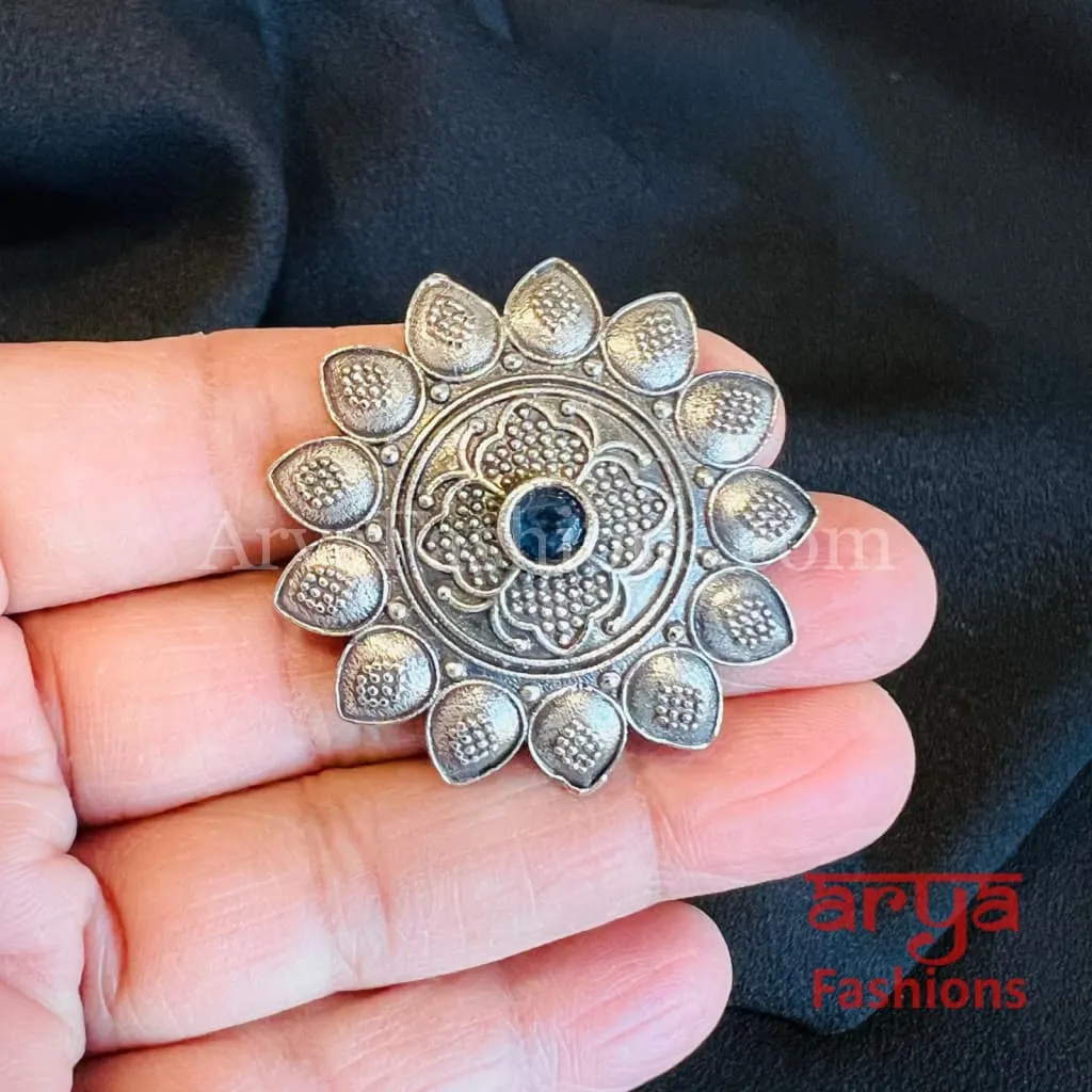 Silver Oxidized Silver Statement Ring/ Ethnic Adjustable Ring