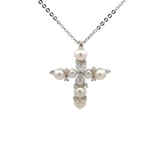 Sterling Silver Freshwater Pearl White Decorative Cross Necklace