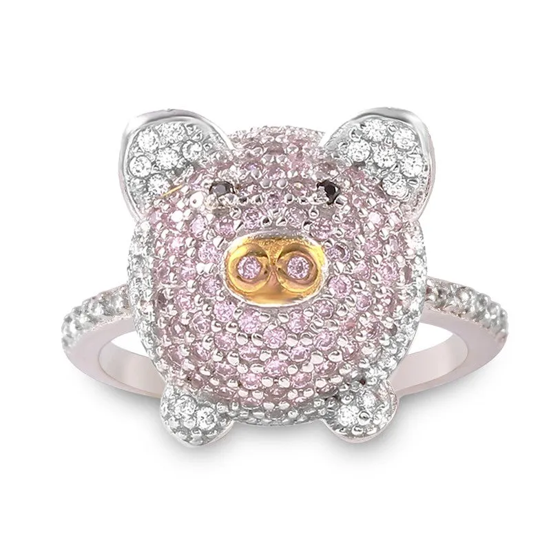 Sterling Silver Pink CZ Pig Ring