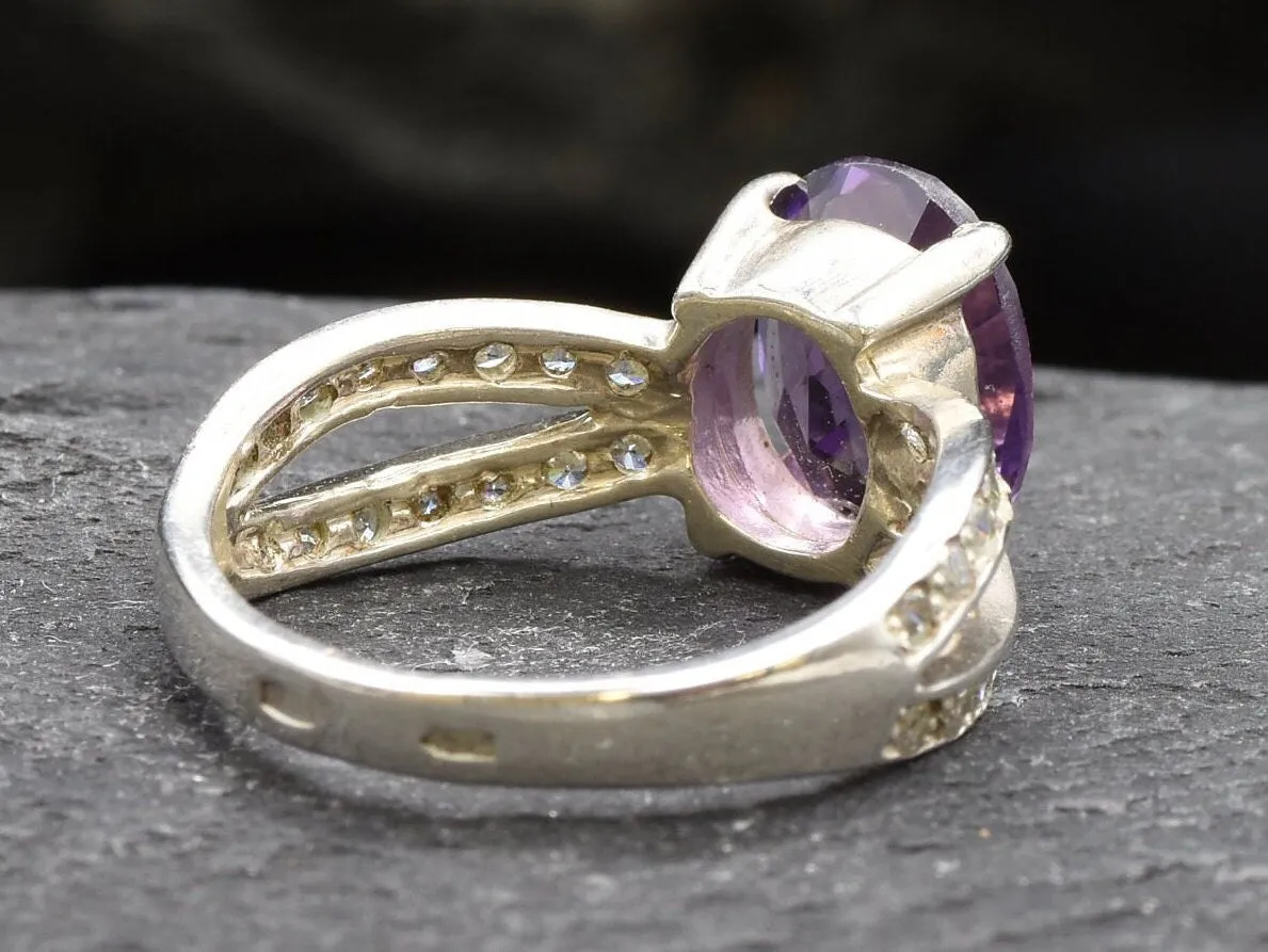 Vintage Amethyst Ring - Purple Gemstone Ring - Split Paved Silver Ring