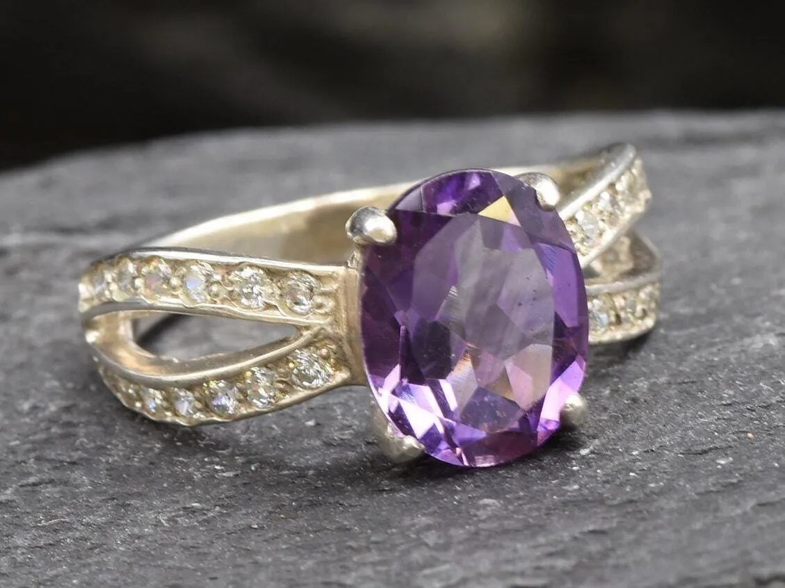 Vintage Amethyst Ring - Purple Gemstone Ring - Split Paved Silver Ring