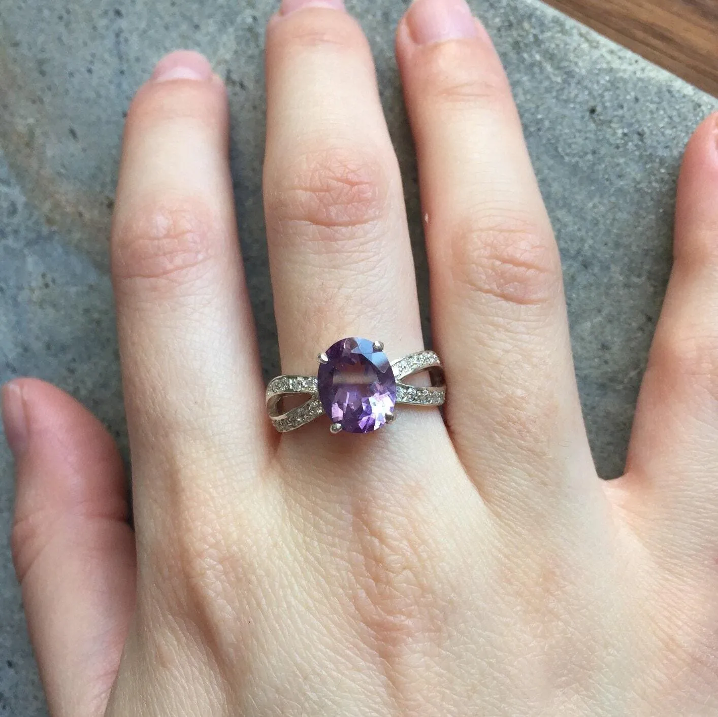 Vintage Amethyst Ring - Purple Gemstone Ring - Split Paved Silver Ring