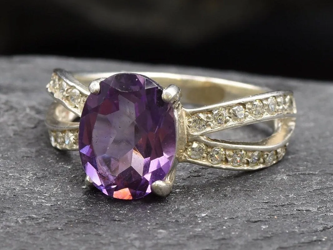 Vintage Amethyst Ring - Purple Gemstone Ring - Split Paved Silver Ring
