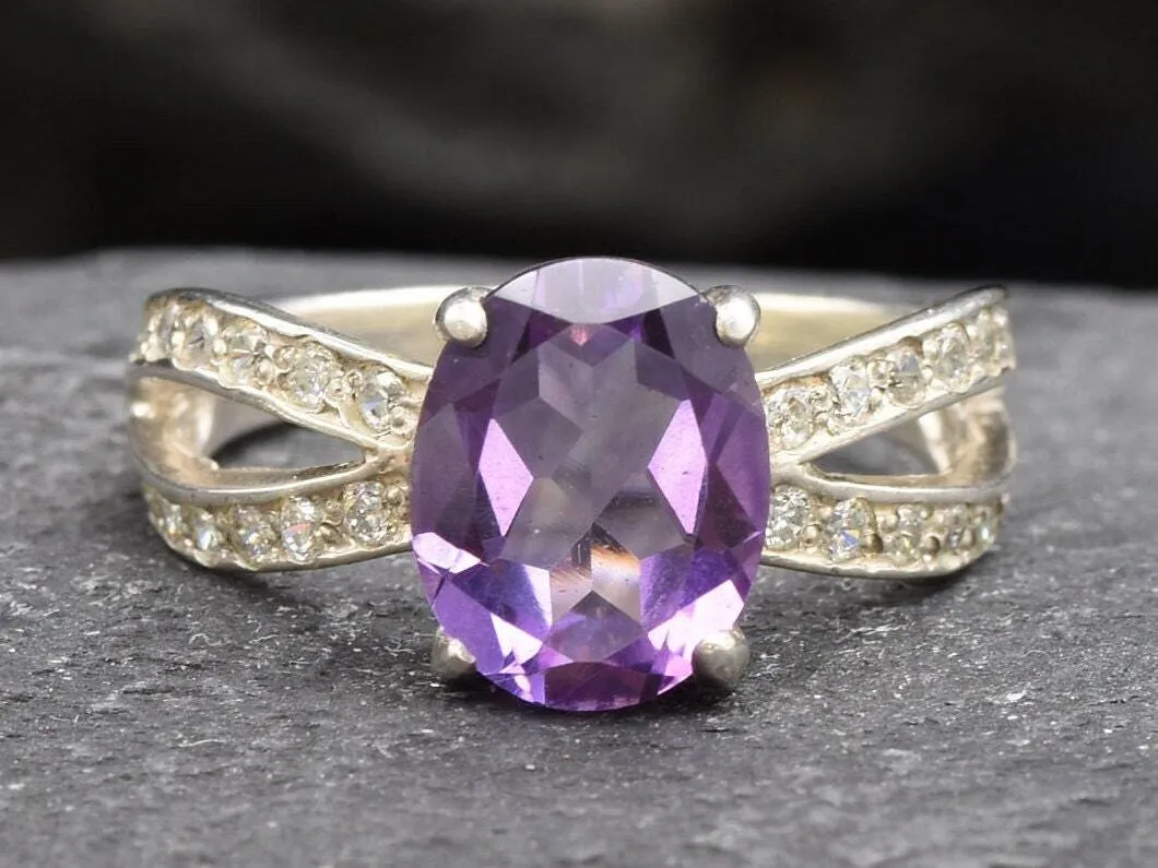 Vintage Amethyst Ring - Purple Gemstone Ring - Split Paved Silver Ring