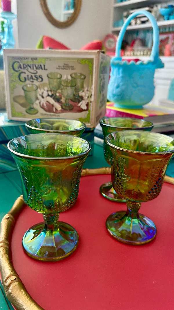 Vintage Glasses, Carnival Lime Green Glass, Indiana Glass Co., Harvest, Set of 4, Original Box