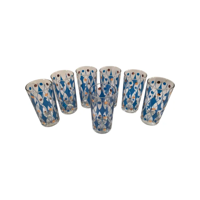Vintage Gold and Blue Diamond Glasses Set of 7
