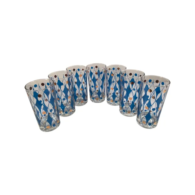 Vintage Gold and Blue Diamond Glasses Set of 7