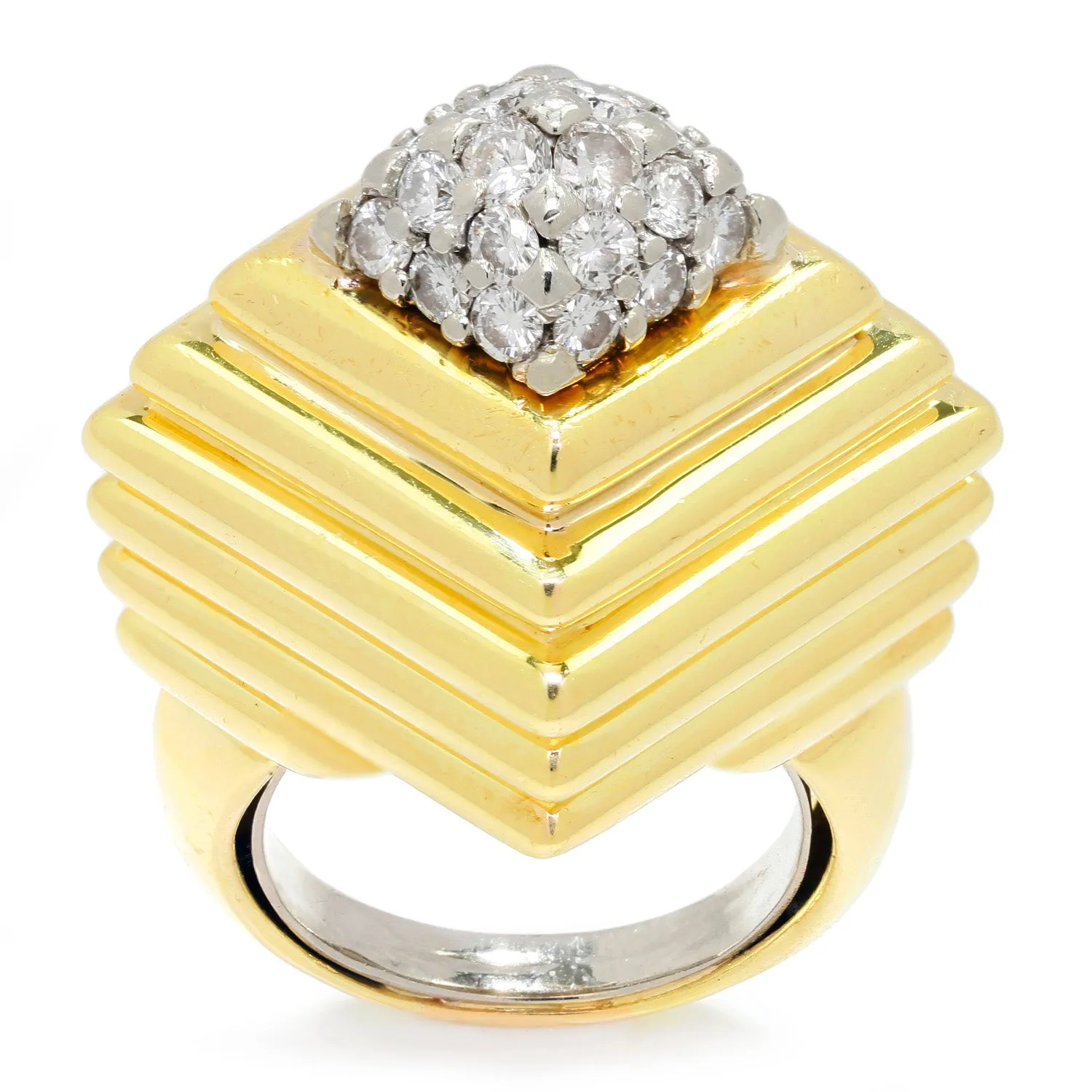 Vintage Round Diamond Step Ring 18K Yellow Gold 0.75ctw