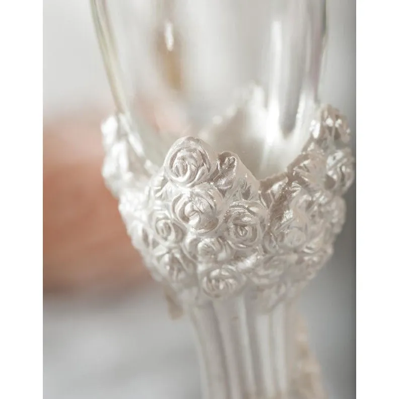 White Rose Column Wedding Toasting Glasses