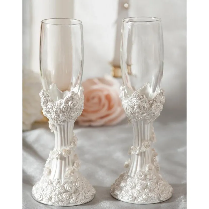 White Rose Column Wedding Toasting Glasses