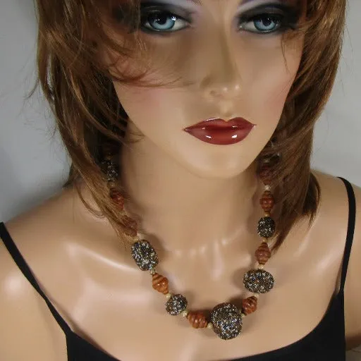 Wood & Beaded Bead Necklace Earrings and Leather Bracelet JSet