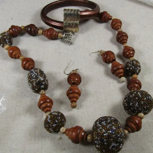 Wood & Beaded Bead Necklace Earrings and Leather Bracelet JSet