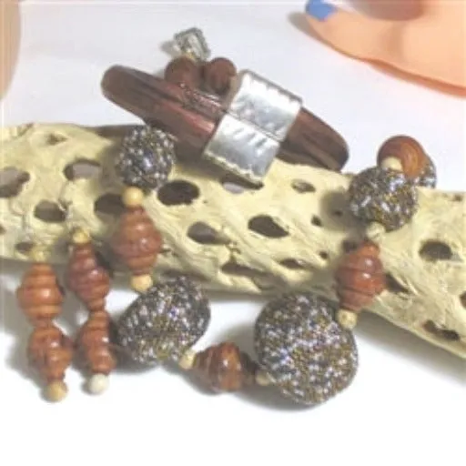 Wood & Beaded Bead Necklace Earrings and Leather Bracelet JSet